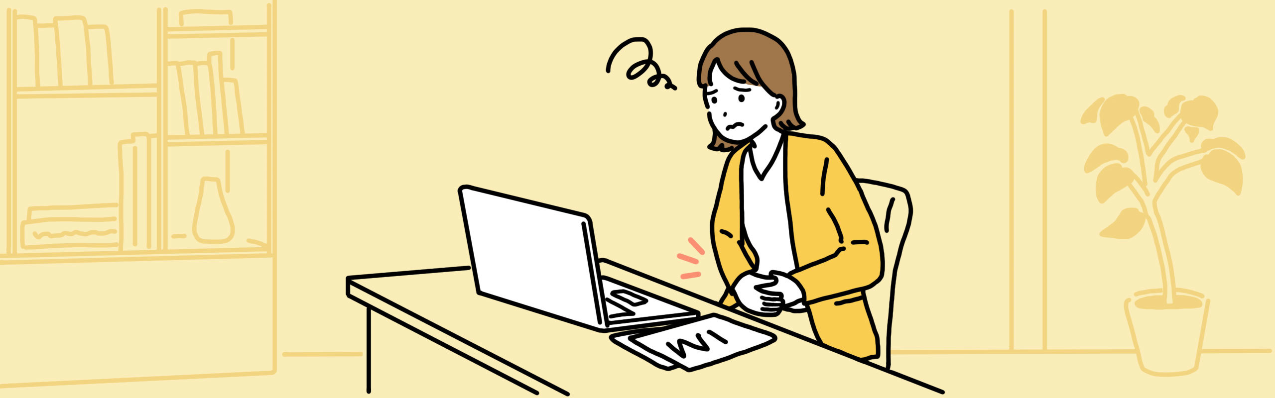 PCで仕事中にお腹の張りに悩む若い女性。