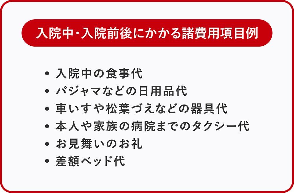 入院中・入院前後にかかる諸費用項目例  