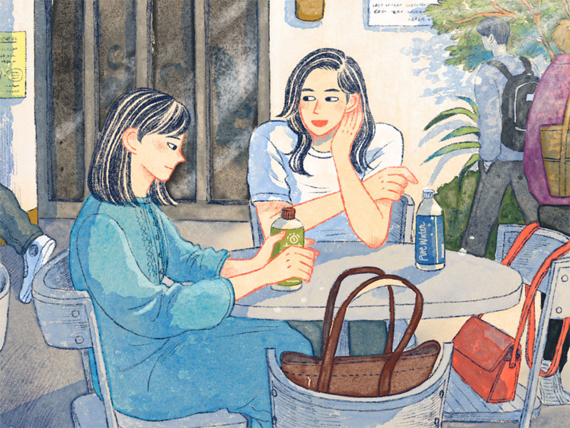 大学で談笑する莉子と亜衣。