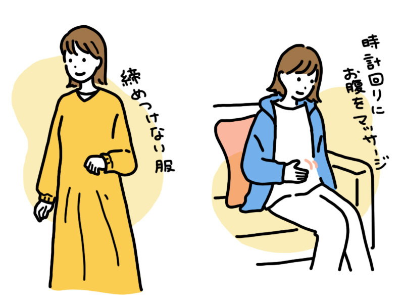 ウエストのゆるい服を選んでいる・椅子に座りながらお腹をマッサージしている女性。