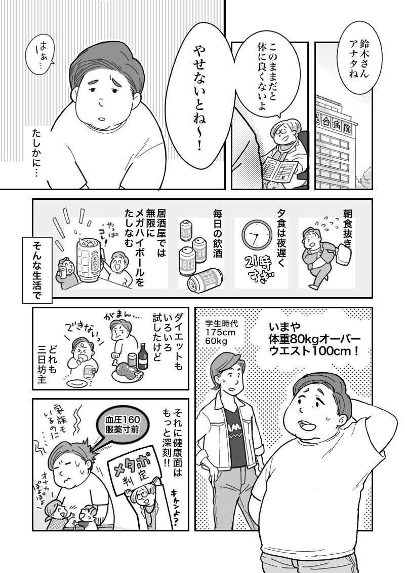 【マンガ】ビール腹の原因と解消法！30代、3か月で-9kgダイエット体験記。1ページ目。